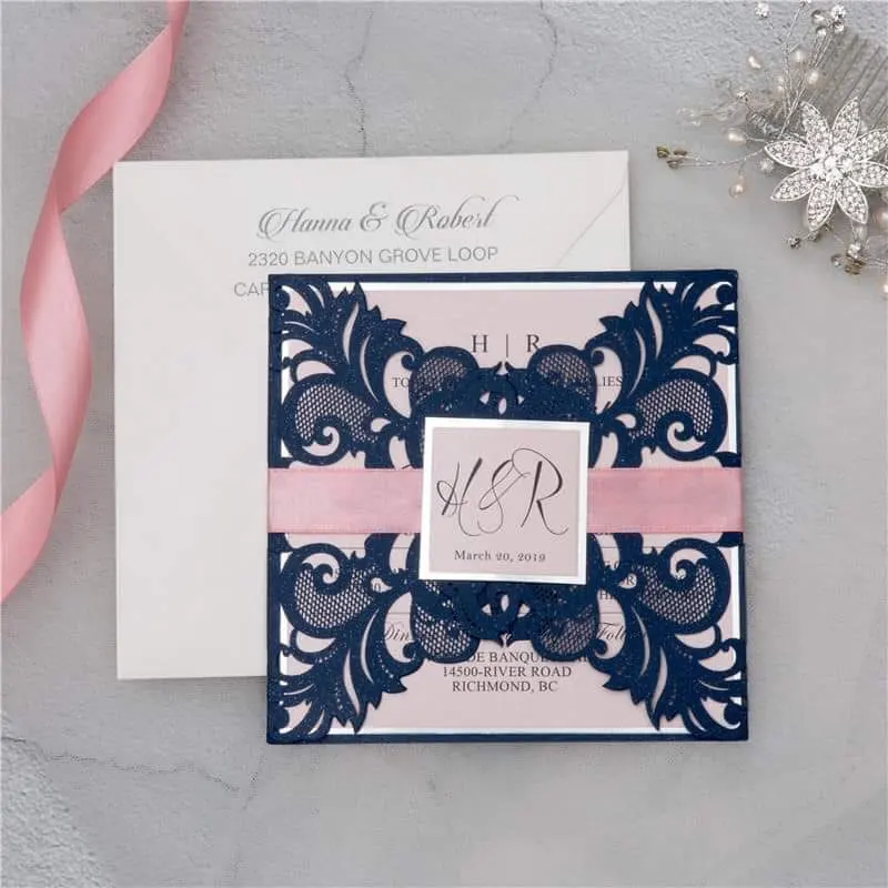 

30 Pieces High end Navy Wedding Invitation with Silver Reflective Belt Customize Floral Engagement Birthday XV Invite Card IC148