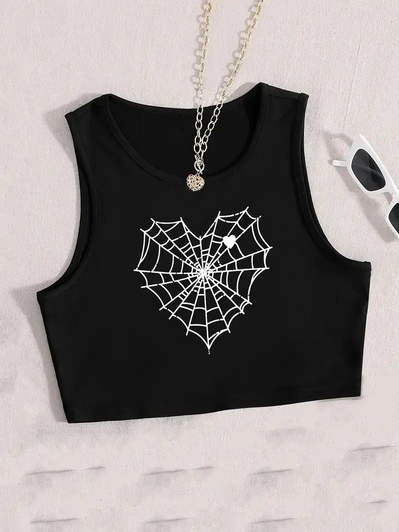 Crop Top Vest Women's Chic Spider Web Print Tank Top Black Sleeveless Shirt Cropped T-shirt Sexy