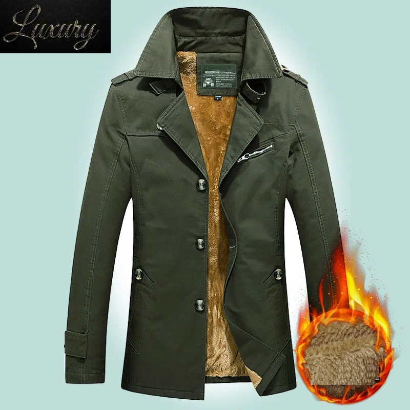 

Winter Jacket Men Brand Clothing Male Coat Slim Fit size Plus Thick Velvet Warm Cotton Military Outerwear Long Trench Classic