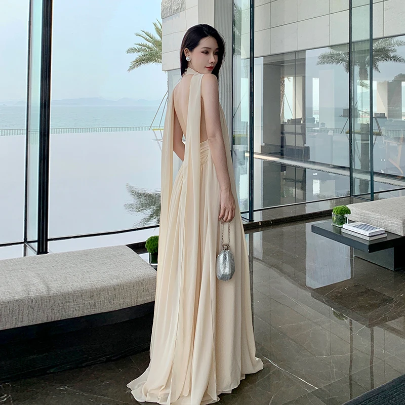 

French Vintage Chiffon Long Party Dress Summer Fairy Evening Dress Sexy Backless Vesidos Women's Wedding Dresses Female Clothing