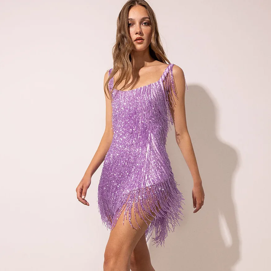 

Women Sexy V Neck Fringe Sequins Mini Dress Sleeveless Tassel Bodycon Short Dress Night Club Party Dress