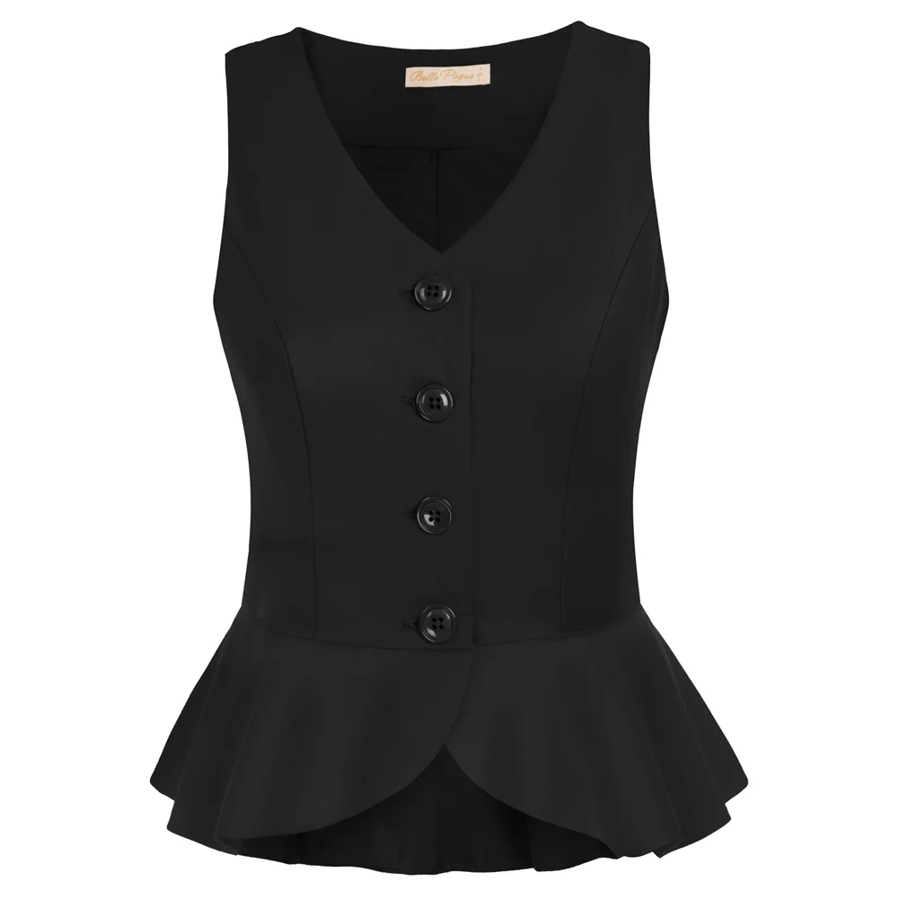 BP Women  Irregular Ruffle Hem Vest Coat Vintage Sleeveless Short Jackets Elegant Female V-Neck Breasted Fully Lined Tops