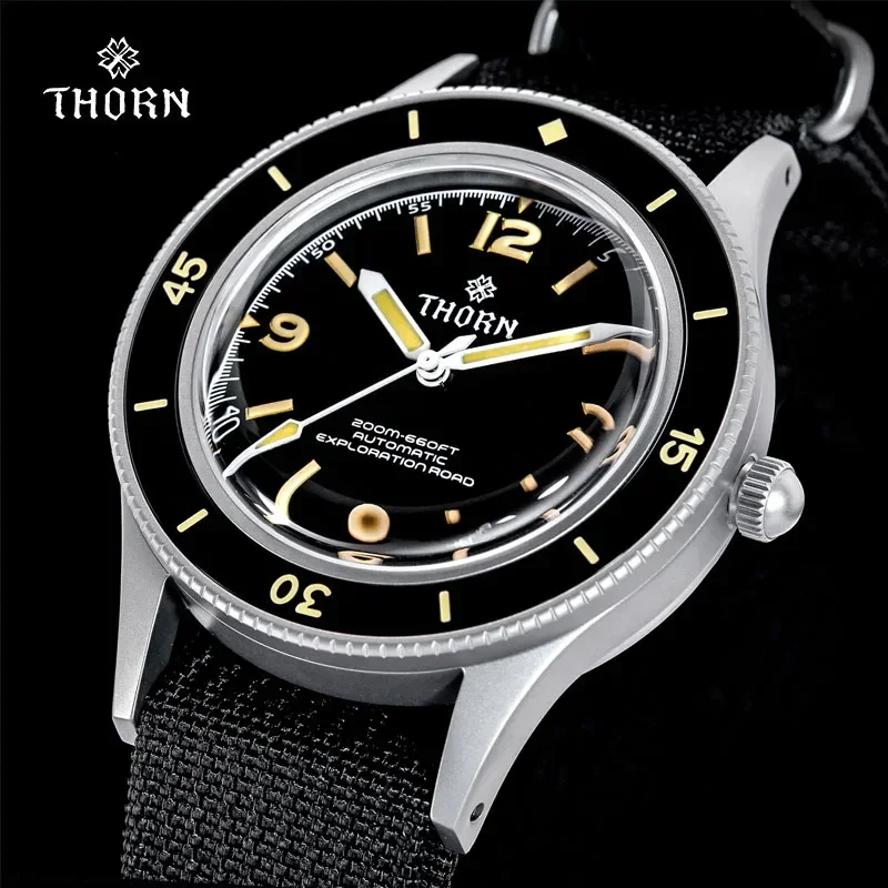 

THORN 50-Fathoms Watch Men 40MM Vintage NH35 Movement Automatic K9 Mineral Crystal TR900 C3 Luminous Barracuda 200M Waterproof