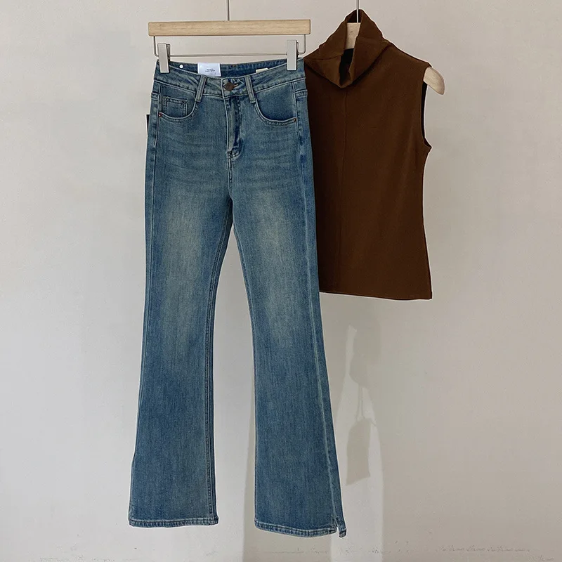 

Женские брюки-клеш с высокой талией, весенние синие длинные джинсы с карманами, женские модные повседневные облегающие эластичные джинсовые брюки с разрезом