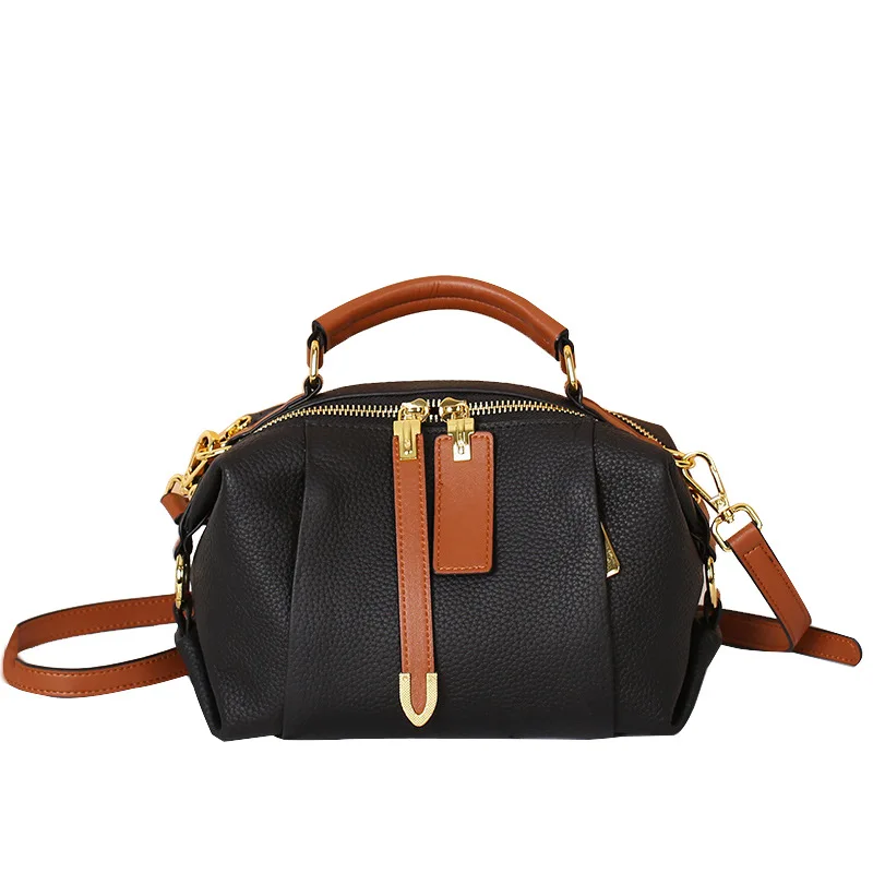 Women's One Shoulder Bag Crossbody Handbag Y2k Genuine Leather New Versatile Top Layer Cowhide Contrasting Color Boston Pillow