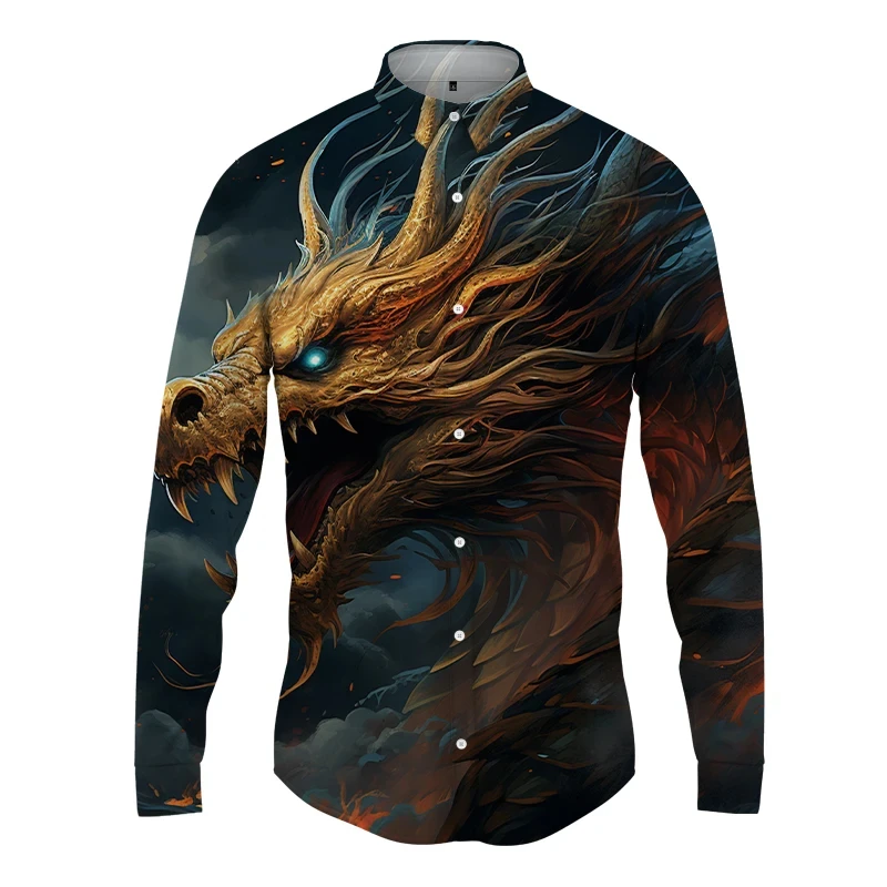 thumbnail image 1 of Nueva ropa de calle para hombre, moda de primavera y otoño, camisa con estampado de dragón 3D y botones para hombre, camisa hawaiana de manga larga para hombre, 1 of 5