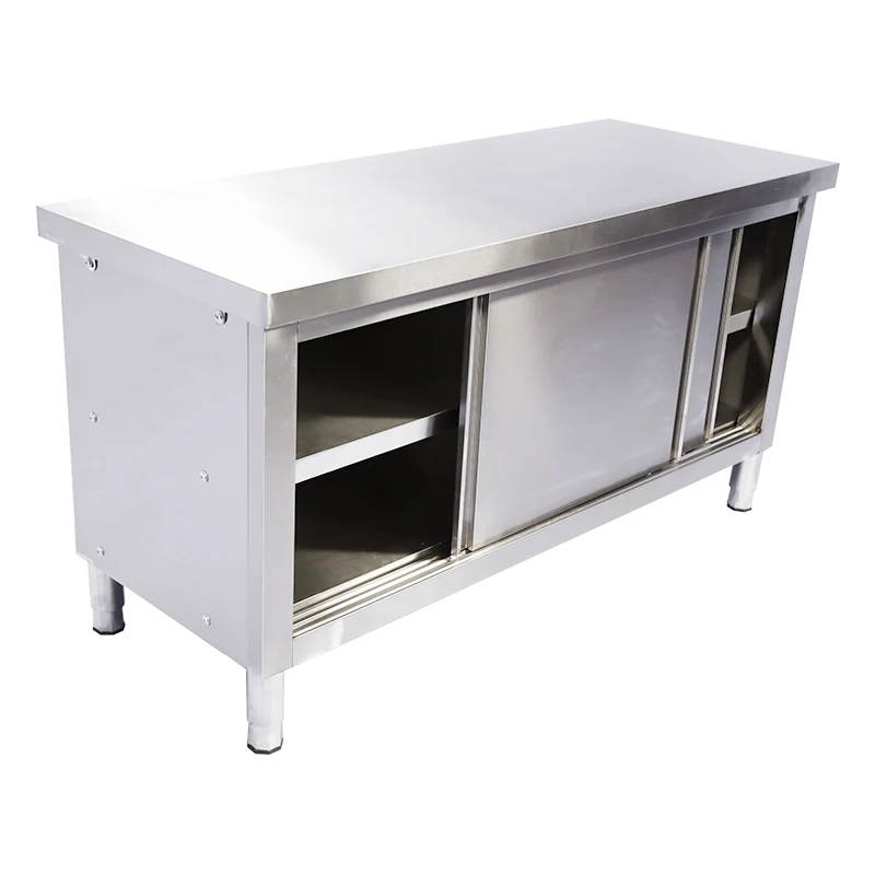 commercial workbench sliding door stainless steel kitchen cabinet storage cupboard with backsplash