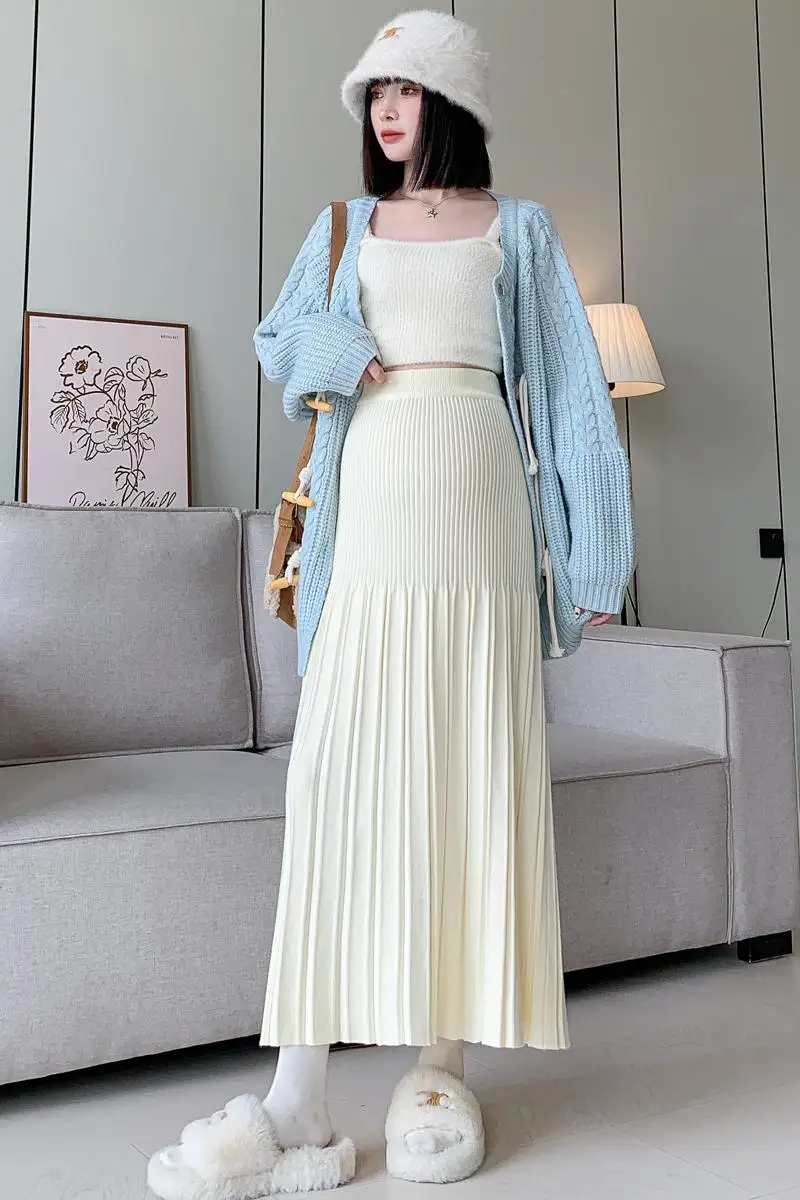 Maternity Clothing Autumn Winter New Knitted Wool Pleated Skirt Casual Slimming Loose A-line Skirt for Pregnant Women Pregnancy