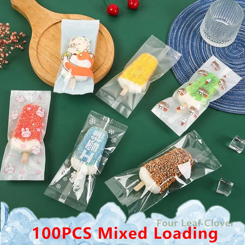 100pcs Food Grade Ice Cream Bags Disposable Plastic Popsicle Protective Cover Storage Cartoon Ice Popsicle Packing Bag DIY