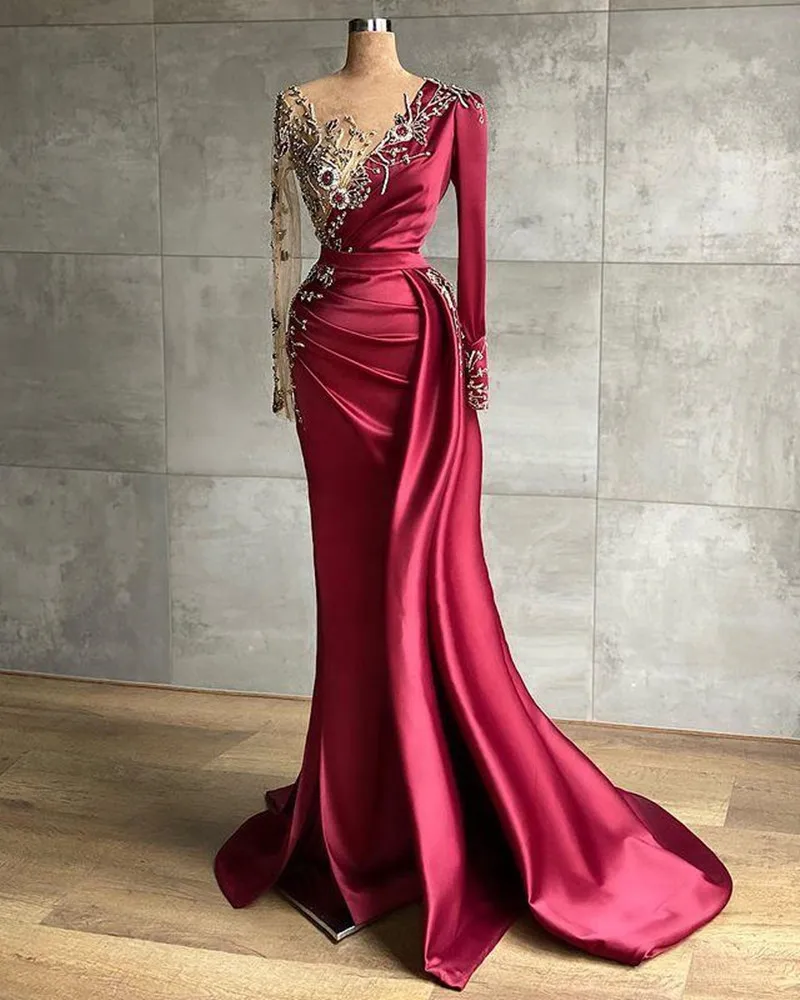 

Роскошные арабские вечерние платья-русалки Aso Ebi бордового цвета, 2023, вышитые бисером кристаллы, прозрачные платья для выпускного вечера и вечеринки