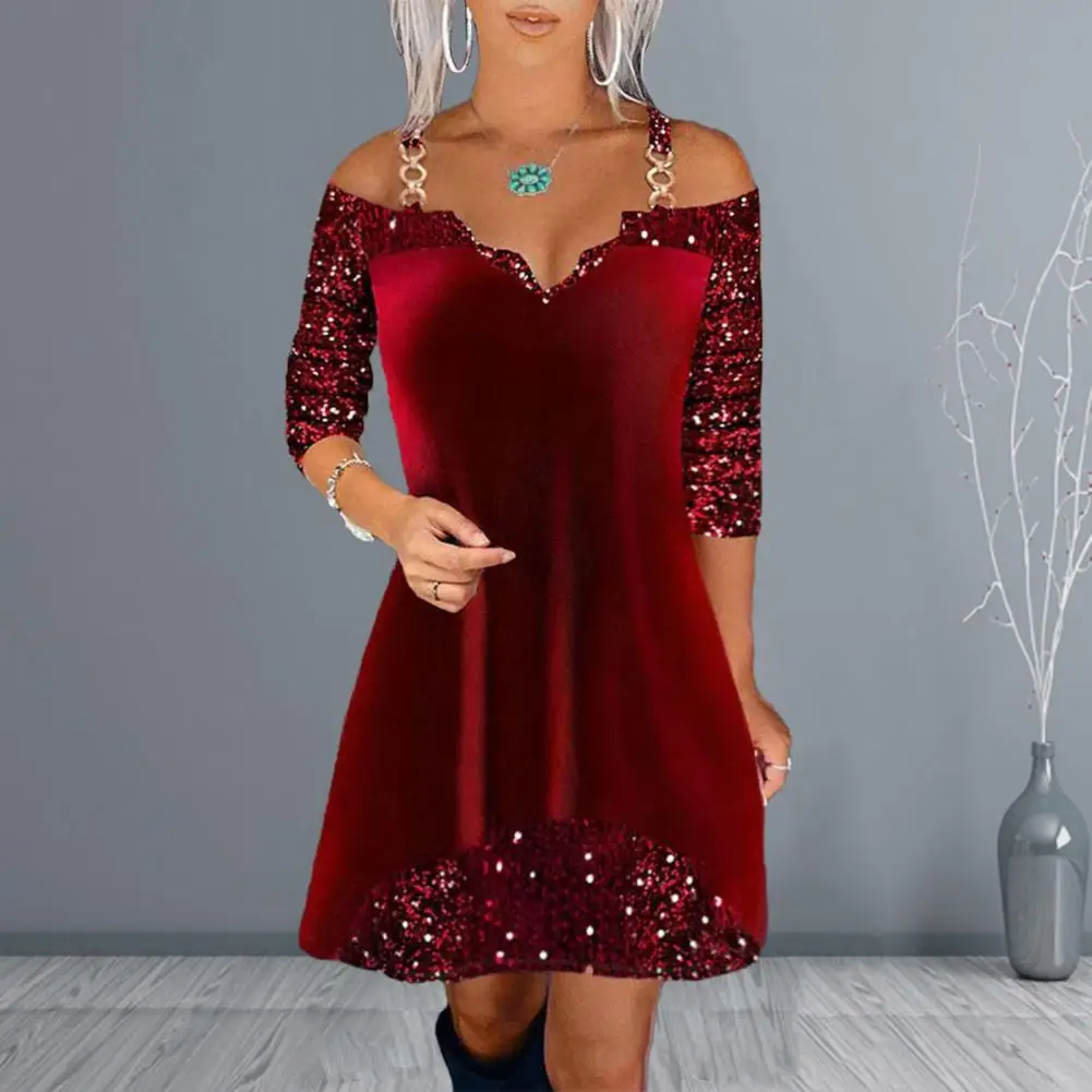 

Sequin Cocktail Dress Sparkling Sequin Chain Shoulder Strap Mini Dress A-line Evening Party Attire for Women Lady Party Dress