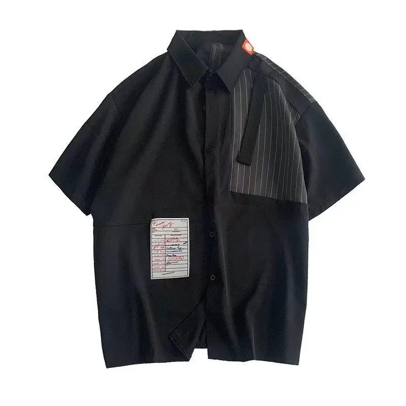 Men Shirts Turn-down Collar Button Patchwork Asymmetrical Short Sleeve Loose Fashion Streetwear Summer Thin