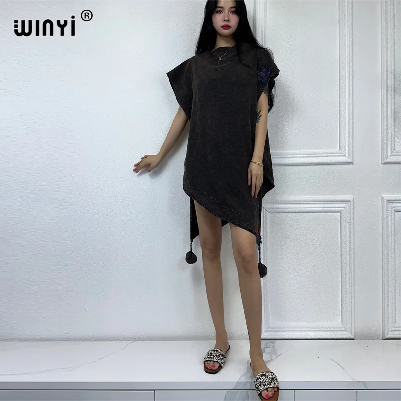 

WINYI 2023 Новинка, нестандартное джинсовое платье, винтажная вышивка, сексуальный модный топ, Пляжная накидка, сексуальная женская фотосессия, макси-пляж
