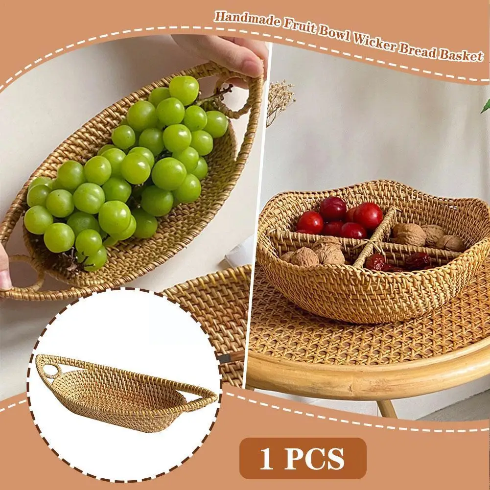 

Handwoven Oval Rattan Wicker Basket Fruit Bread Snack Handle Supplies With Food Kitchen Household Tools Braided Tray Servin I7F3
