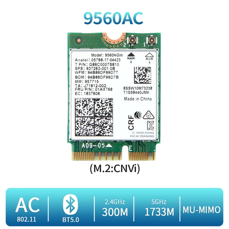 9560NGW WiFi Card+2XAntenna 1730Mbps Wireless AC 9560 2.4G+5G BT 5.0 802.11Ac M.2 CNVI 9560NGW Wireless Adapter wifi usb adapter