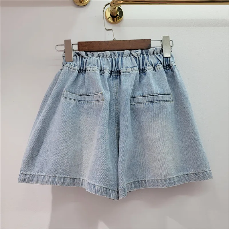 2024 Summer New Heavy Industry Beads Blue 3D Flower Denim Shorts Female Drawstring Elastic Waist Wide Leg Shorts for Women