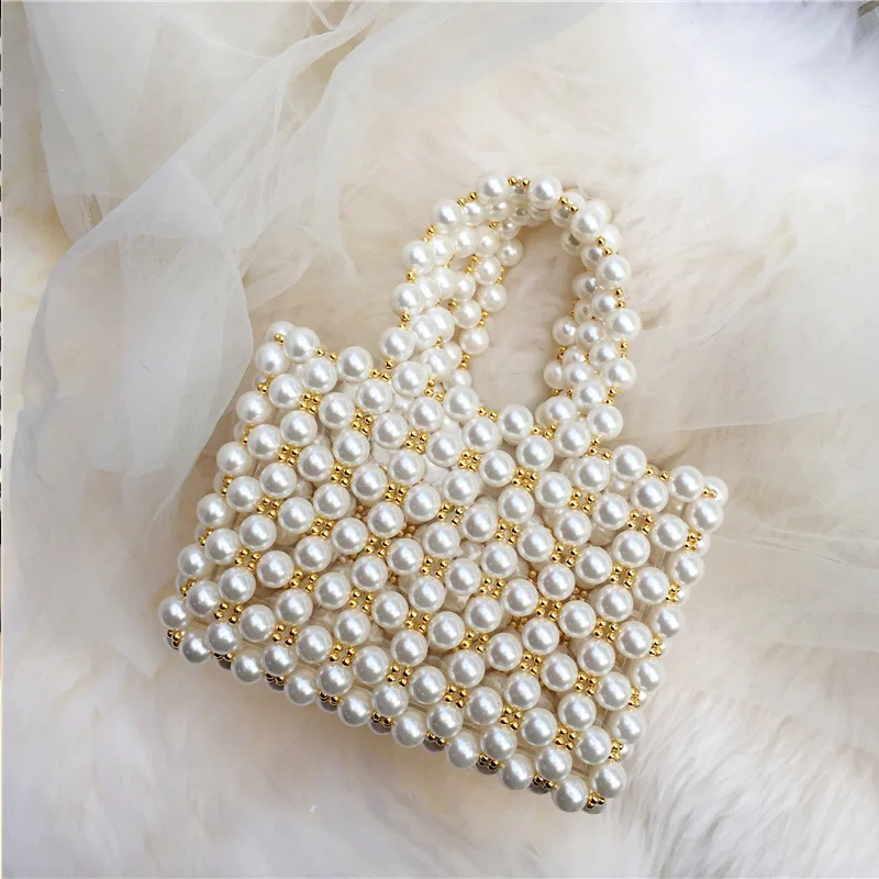 Handmade Beaded Bag White Pearl Gold Small Ball Designer Handbags