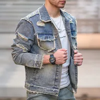 New Men Autumn Streetwear Fashion Solid Ripped Slim Denim Jacket High quality Male Holes Casual Jacket Coat