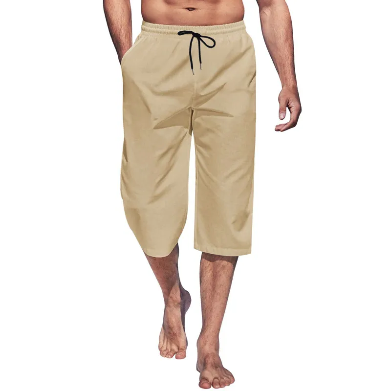 Cross border hot selling men's capris casual lightweight capris drawstring elastic waist beach yoga belt pocket 5