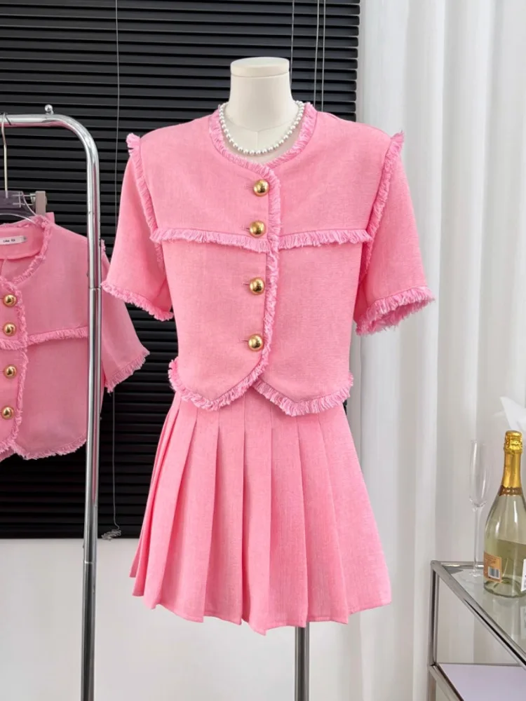 

Small Fragrance Women's Suit Summer 2023 New Temperament Single Breasted Short Sleeve Tops + A-line Pleated Skirt Two Piece Set