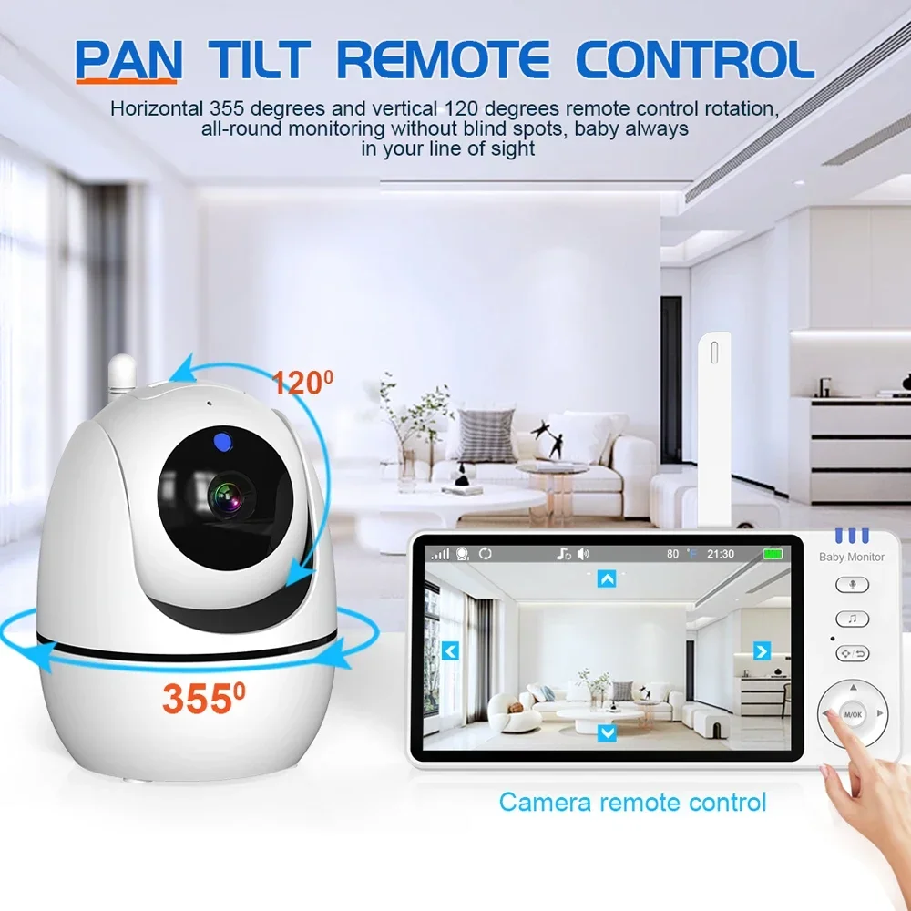 5 Inch Video Baby Monitor With Camera PTZ Zoom Babyphone Cam Security Protection Surveillance Cameras Temperature Sensor Lullaby 2