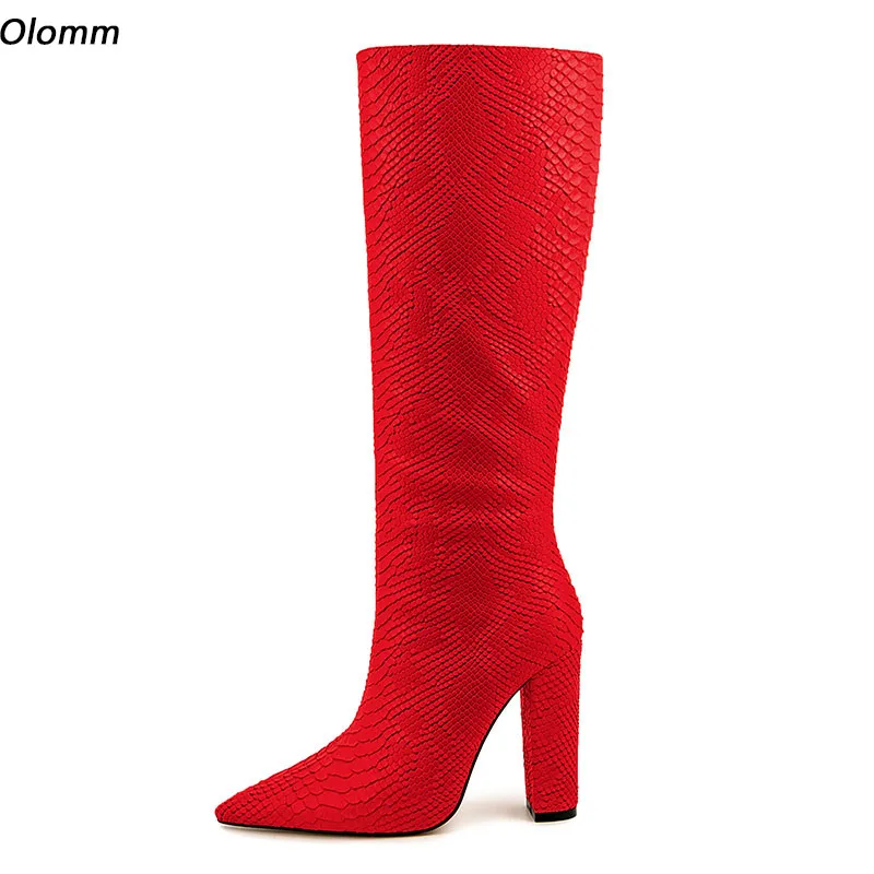 

Женские зимние сапоги до колена Olomm ручной работы с боковой молнией на массивном каблуке с острым носком красивая красная женская обувь больших размеров США 5-13