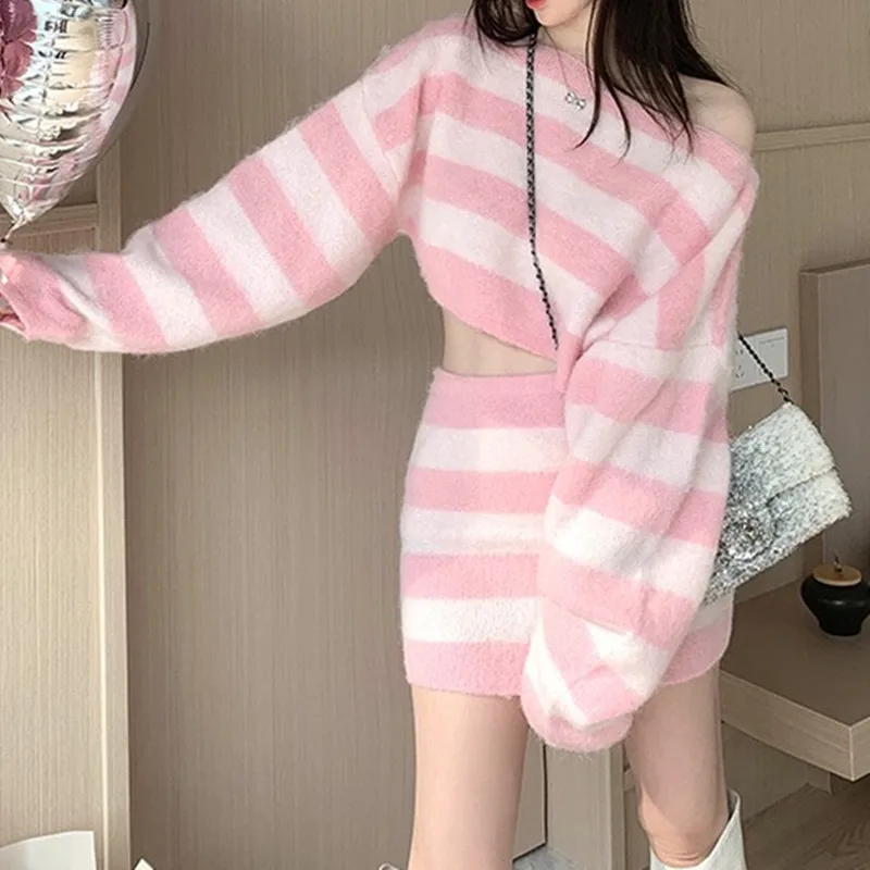 Autumn Striped Two-piece Skirt Set Women Long Sleeve Cropped Off Shoulder Top Bodycon Mini Skirt Korean Fashion Suits New