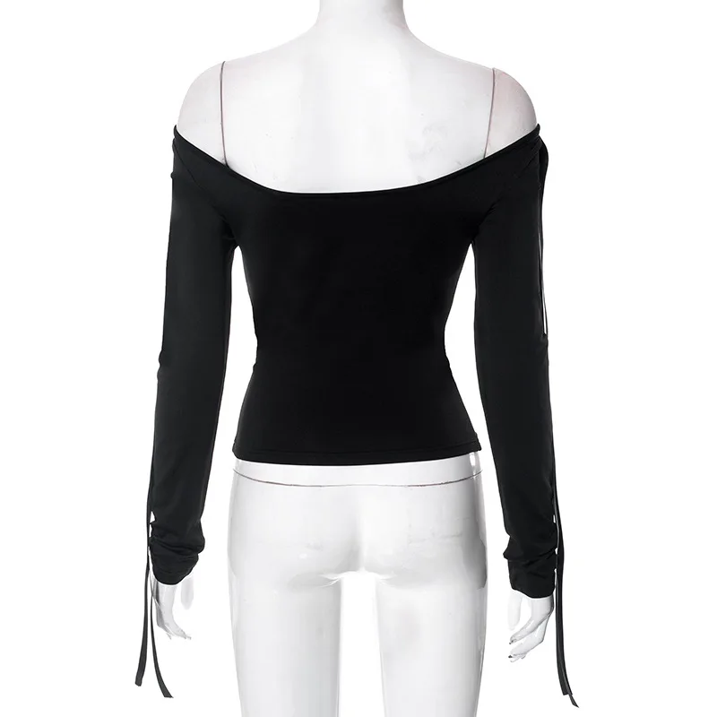 Top sexy de color liso con un solo hombro Y2k, manga larga, lazo con cordones, ropa de mujer, moda informal, ropa de calle, camisas para mujer