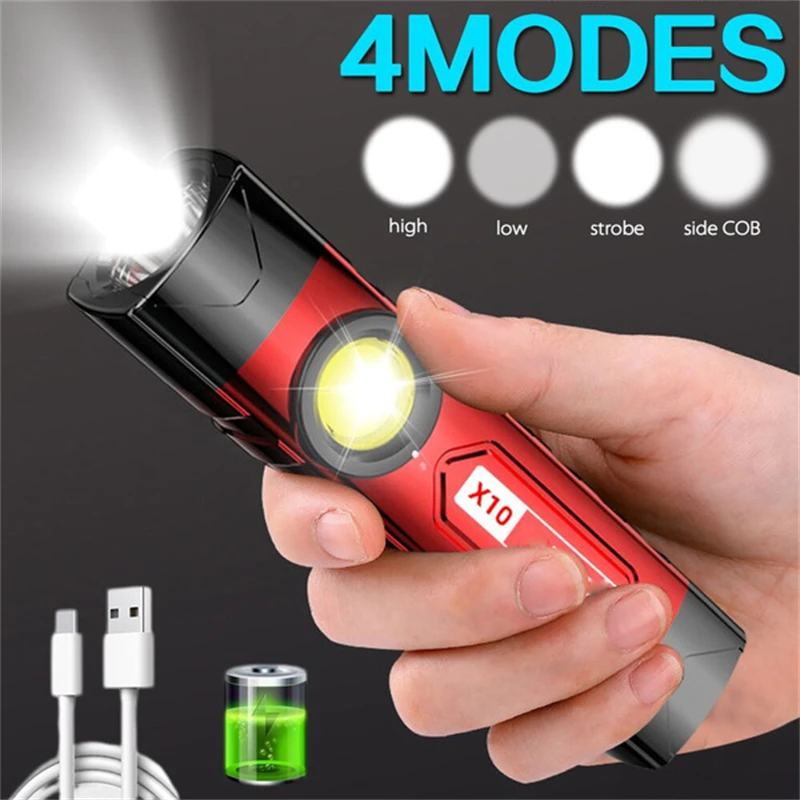 COB LED Flashlight Portable USB Charging Work Lights LED Flashlights 4 Modes Lighting Torch