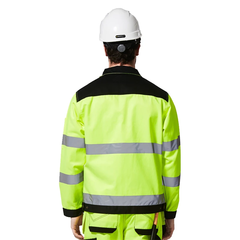 Hi Vis 남성용 고가시성 반사 재킷, 야외 작업 상의, 형광 노란색 멀티 포켓 안전 작업복 의류
