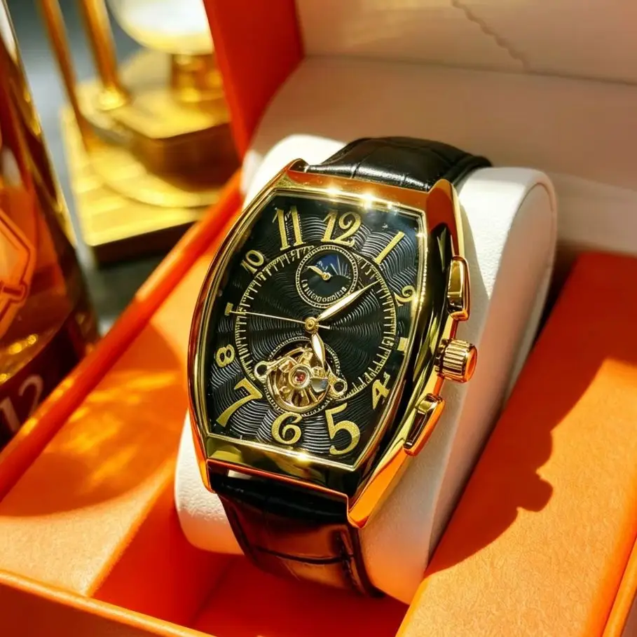 Montre mécanique automatique haut de gamme pour homme, de forme tonneau, design squelette avec fond transparent, bracelet en cuir, montre-bracelet tendance rétro lumineuse et étanche, style polyvalent pour le quotidien professionnel, montre mécanique pour homme au style urbain unique, montre-bracelet de luxe polyvalente et élégante pour homme, choix de cadeau idéal 1