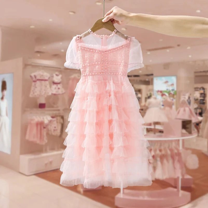 Girls Summer Children's Princess Dress Printed Lantern Sleeves Round Neck Lace Dress Cake Dress 3-9 Years Old