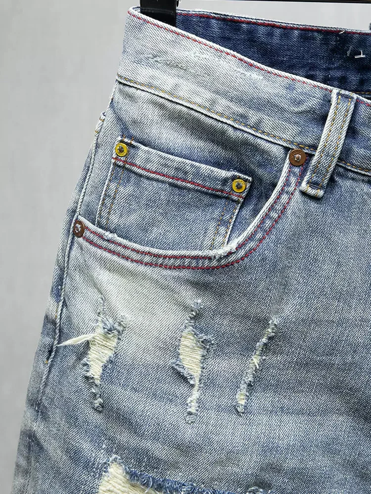 Summer Fashion Men Jeans Retro Light Blue Elastic Patched Ripped Short Jeans Homme Embroidery Designer Hip Hop Denim Shorts Men