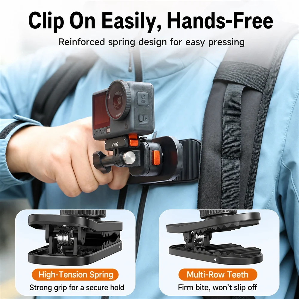 VRIG AC-97 360 ° DJI Action 6/5 Pro/4/3 Insta360 Ace Pro 2용 회전식 백팩 클립, 야외 촬영용 미니 볼헤드 마운트