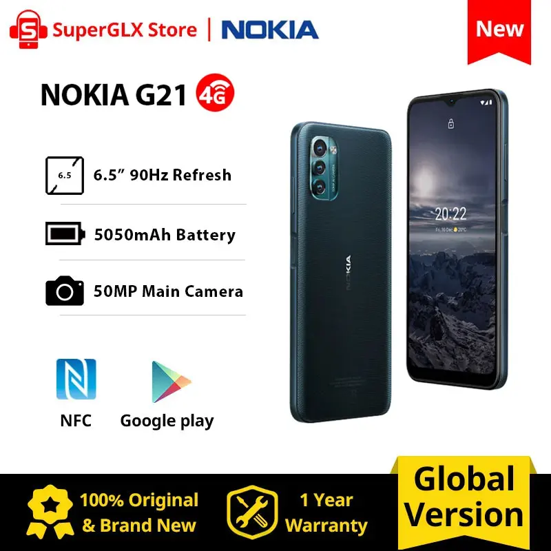 

Global Version Nokia G21 6GB 128GB Smartphone 6.5 inch 90Hz Display 5050mAh Battery 50MP triple Camera Face Unlock 3-day Battery
