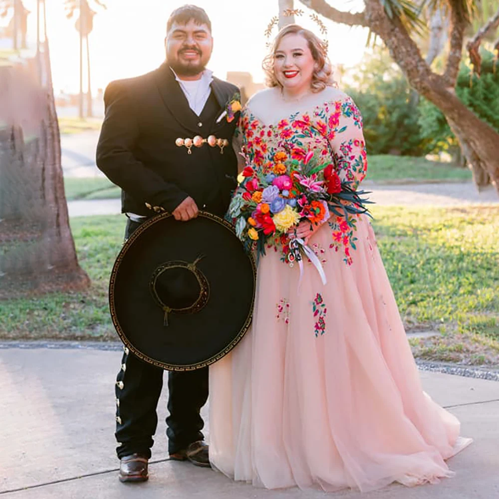 Colorful Embroidery Tulle A Line Wedding Dress Customized Sheer Top V Neck Backless Plus Size Maxi Fairytale Garden Bridal Gown 4