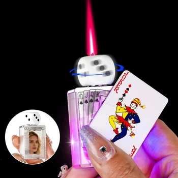 Nuevo Encendedor Transparente con Forma de Linterna, Giratorio, con Diseño de Dados y Cartas de Póker, Estereoscópico, Resistente al Viento, con Llama de Chorro, Portátil para Exteriores, Ideal para Regalo 1