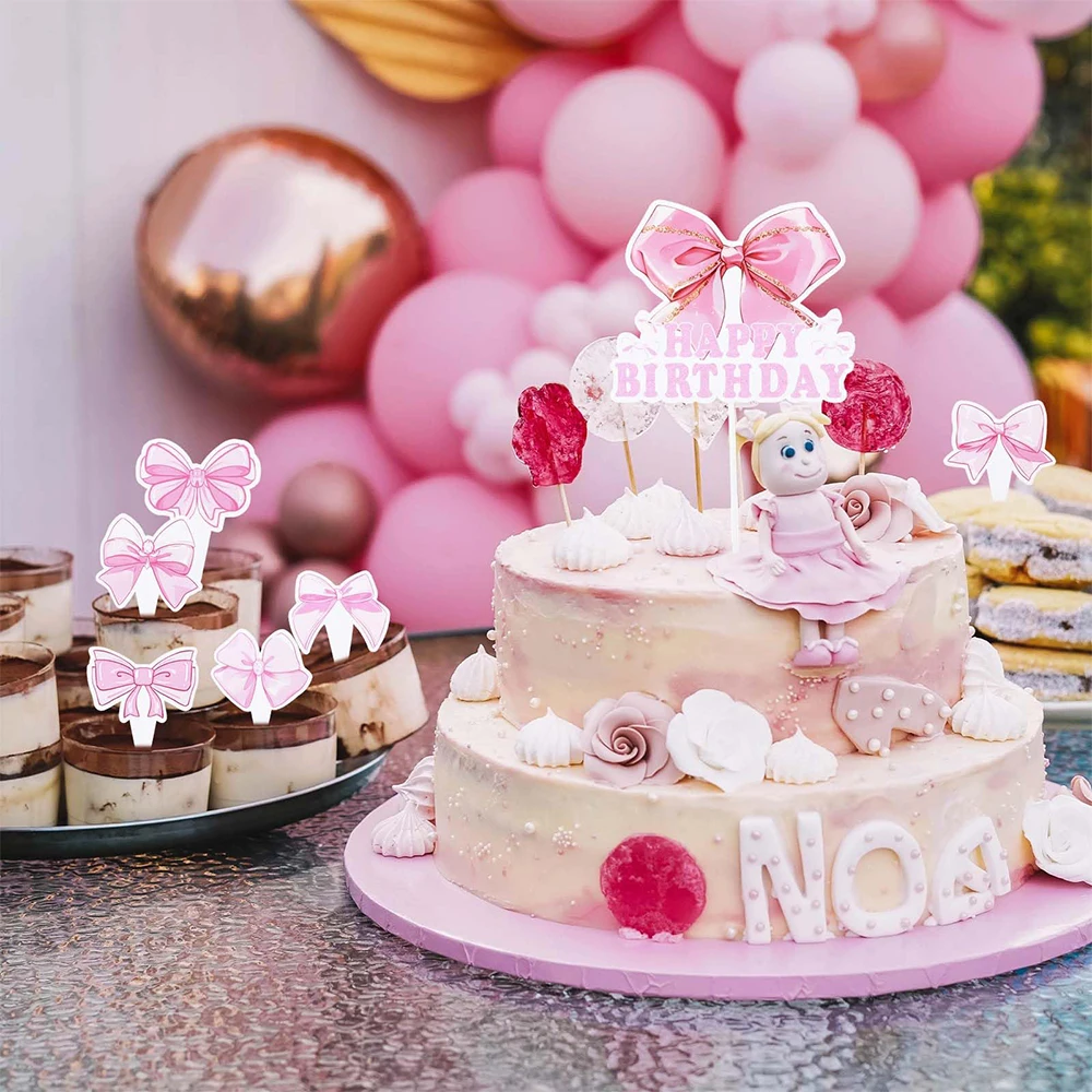 Rosa Schleife Geburtstagsparty-Dekoration, rosa alles Gute zum Geburtstag, Banner zum Aufhängen, Wirbel, Kokette, Party-Dekoration, Mädchen-Babyparty-Zubehör – Detail 6