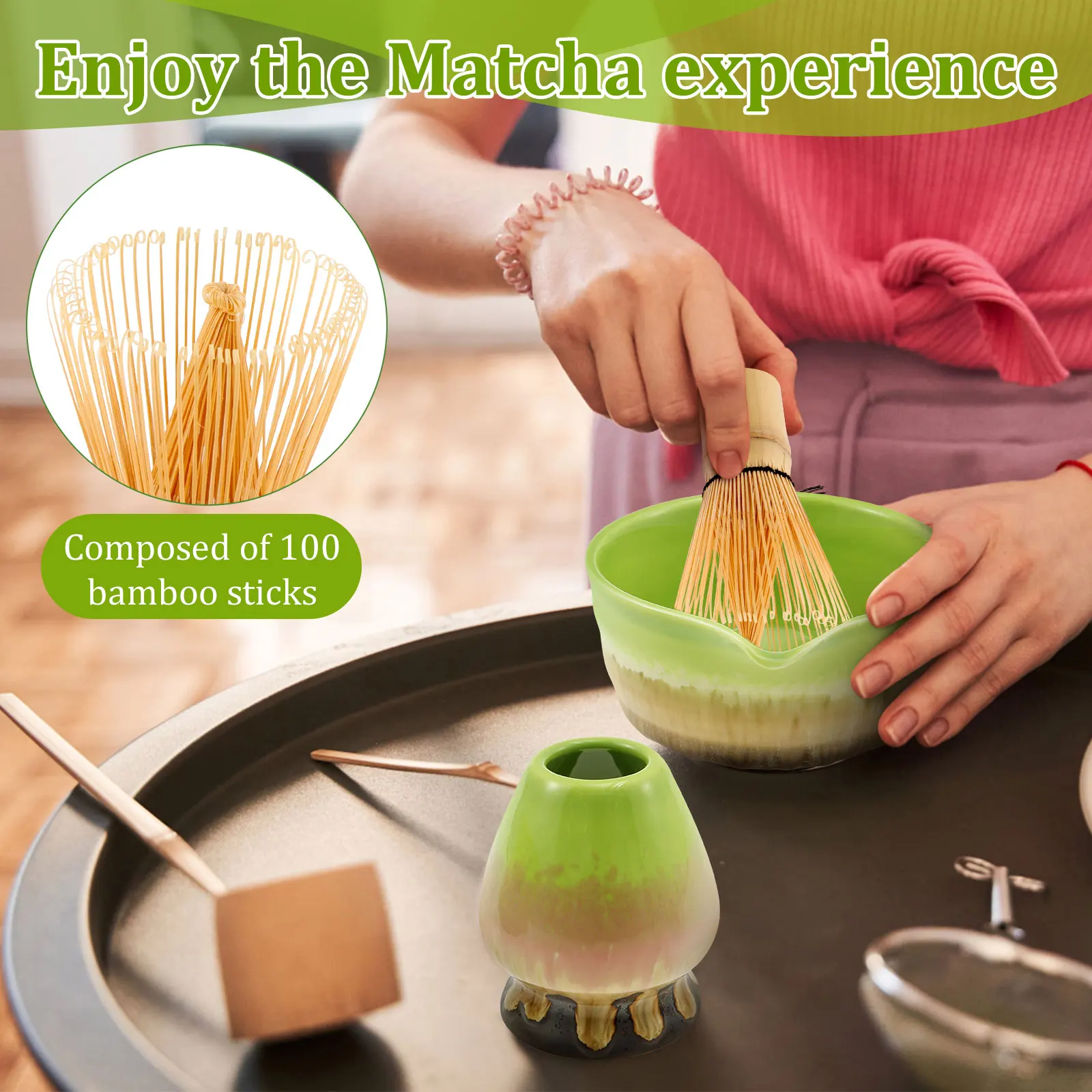Matcha Whisk Set, 8 PCS Ceramic Matcha Set With Bamboo Scoopa, Scoop