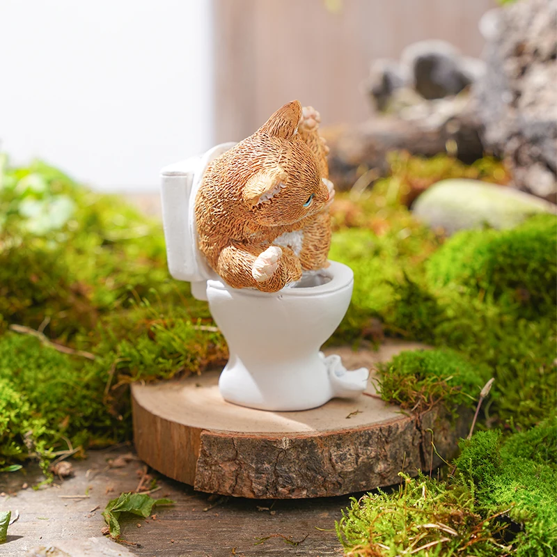 1PC, cartoon cat sitting on the toilet garden decorative item, suitable for micro-landscape DIY and garden potted plants
