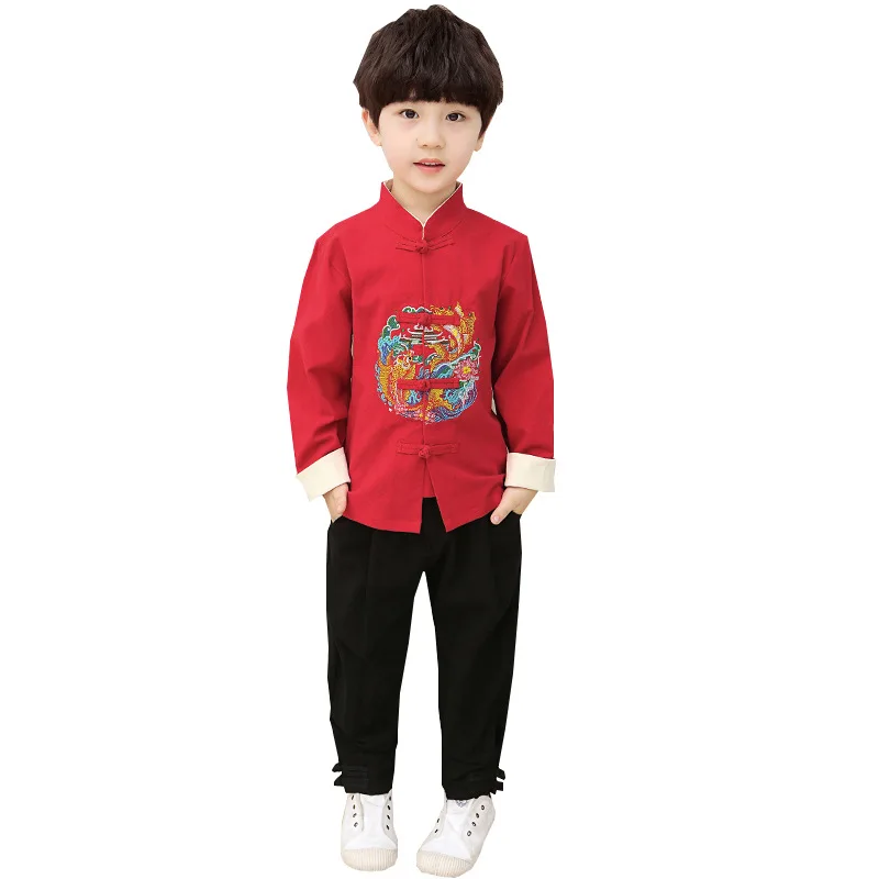 Boys Performance Costumes Embroider Fish Hanfu Set New Year Chinese Style Tang Clothes Set 2Pcs Long Sleeve Outfit Shirt&pants