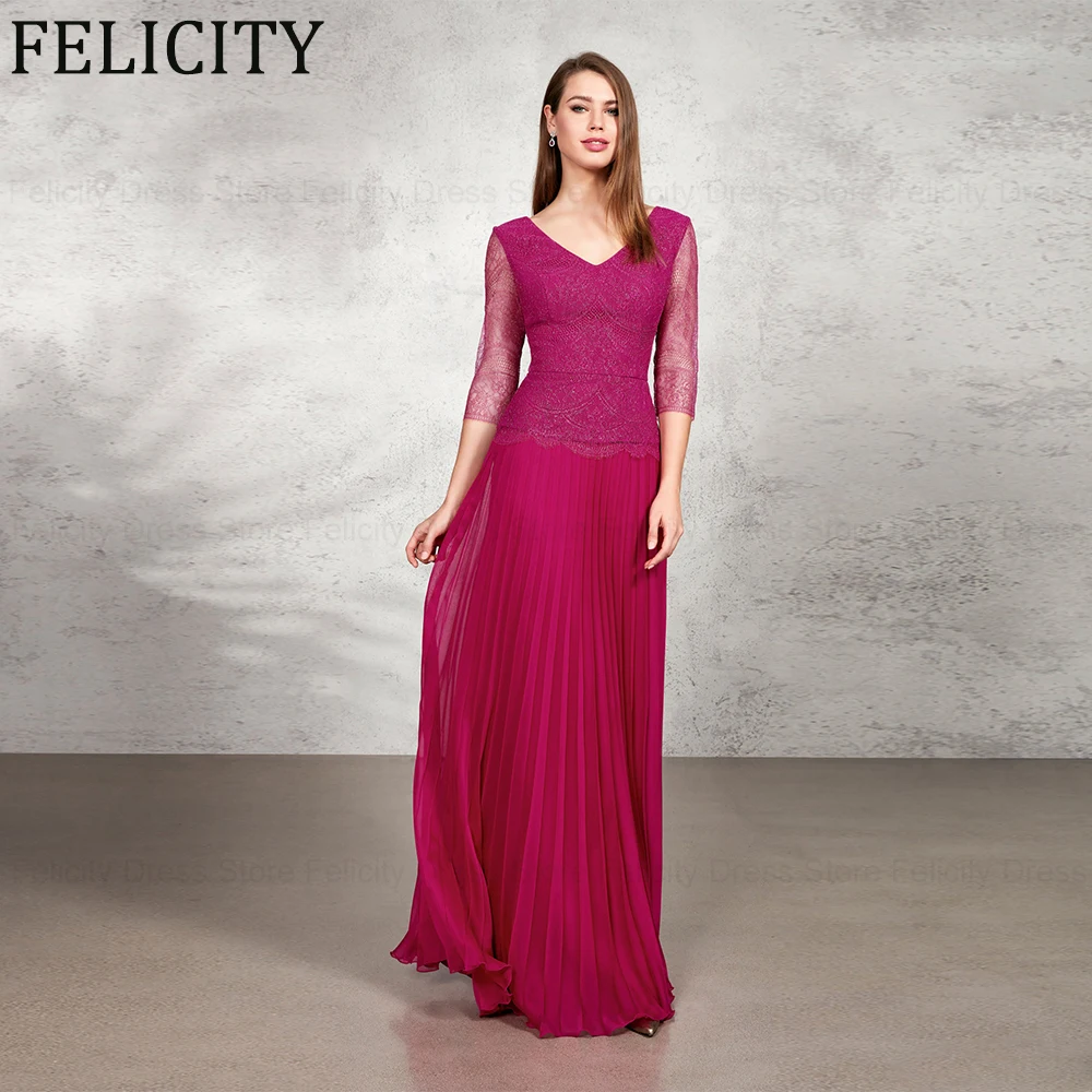 

FELICITY Elegant Mother of the Bride Dresses 2024 A-Line V-Neck Chiffon Lace Wedding Guest Dresses Floor-Length Evening Gowns