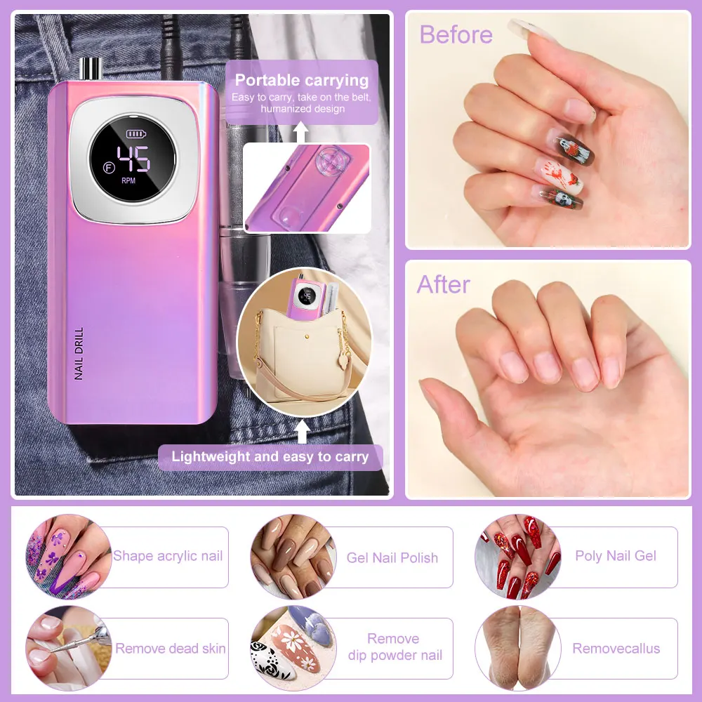 Rechargeable Nail Drill Machine with LCD Display Low Noise, Professional Nail Polish Grinder Nail Accessories Set 3