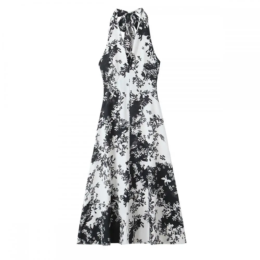 

Lace Up Dresses Women Sexy Print Hanging Neck Dress Casual V Shaped Collar Sleeveless Skirt New Fashion Female Vacation Robes
