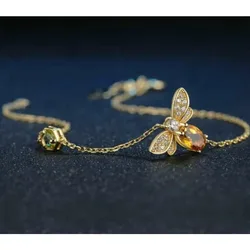 925 Silver Natural Yellow Crystal Bee Bracelet Citrine Chain  Fashion Charm Amulet Gifts for Women Men