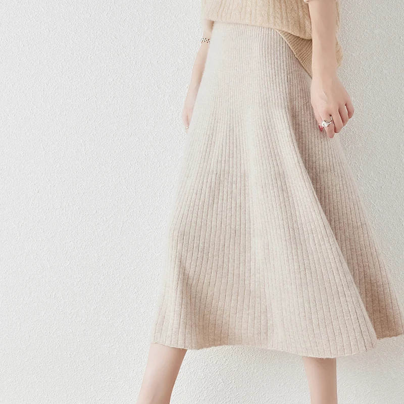 Autumn New 100% Pure Wool Skirt Female Solid Color Loose Joker A-Line Skirt Knitted Cashmere Bag Hip Skirt Female