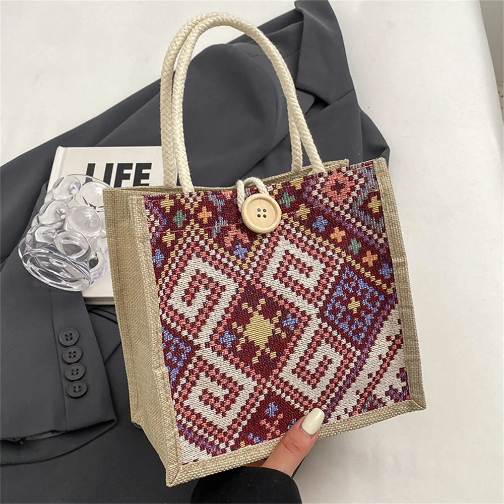 New Linen Bag Women Ethnic Patterns Handbag Eco-Friendly Grocery Bag Gift Bag With Handle Portable Casual Button Tote Bag Pouch