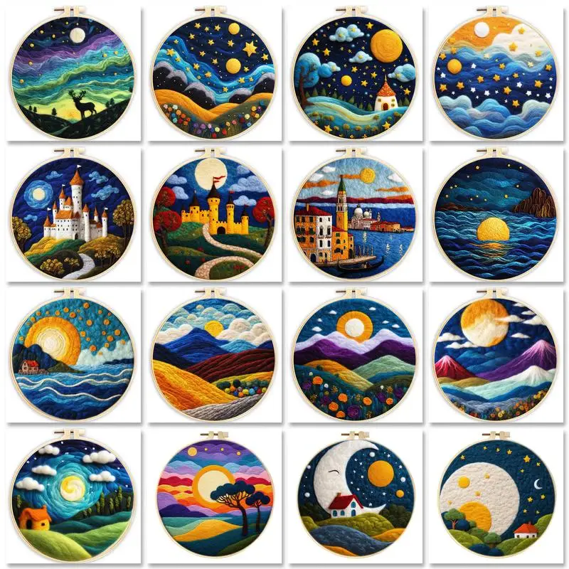 GATYZTORY Needle Felt Starter Set Wool Painting Night Landscape Set Includes Wool Bag Felting Needles Foam Pad Felt Cloth Diy