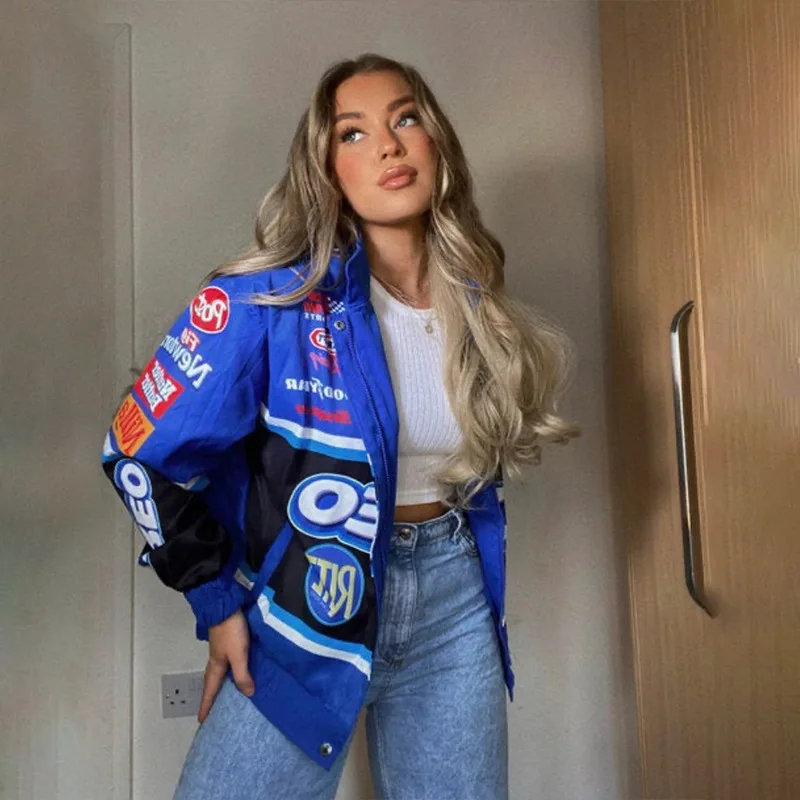 Women Motorcycle Racing Jacket Oversized Bomber Zip Up Baseball Blue Graphic Print Varsity Jacket Hip Hop Streetwear Coats graphic into the blue блокнот l