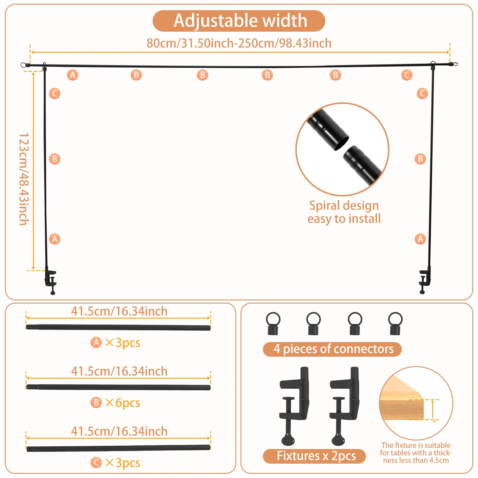 Over The Table Rod Stand with Clamps Adjustable 31"-98" Width Black Golden Table Arch Stand Hanging for Wedding Birthday Party